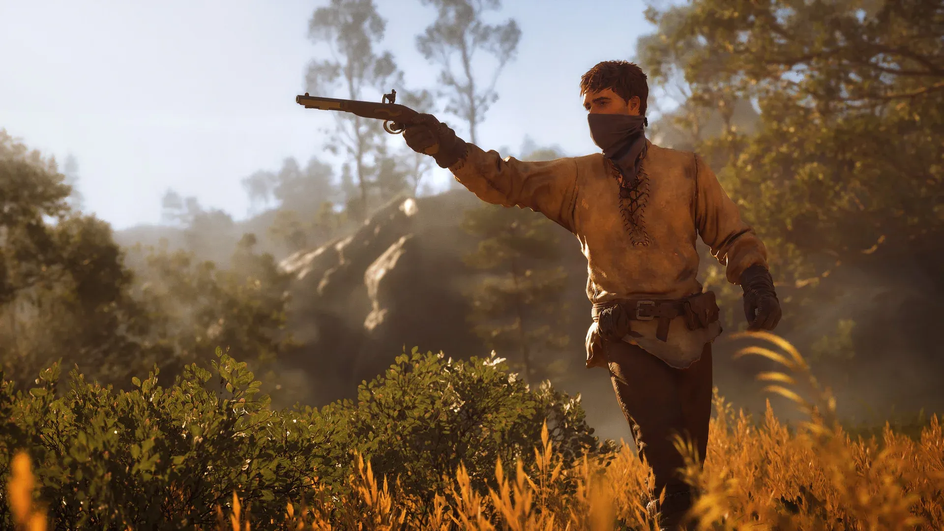 A masked gunslinger in a linen shirt aiming a flintlock pistol across a sunlit hillside of oaks and golden grass.