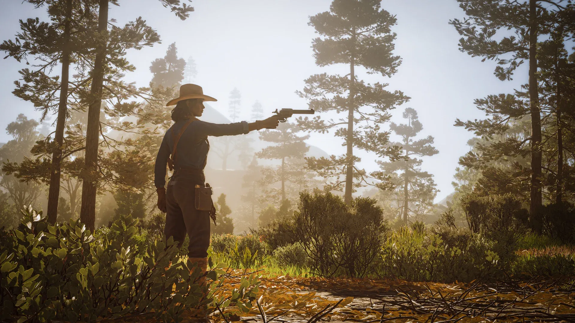 A character in a wide-brimmed hat aiming a revolver in a hazy, sunlit pine forest.