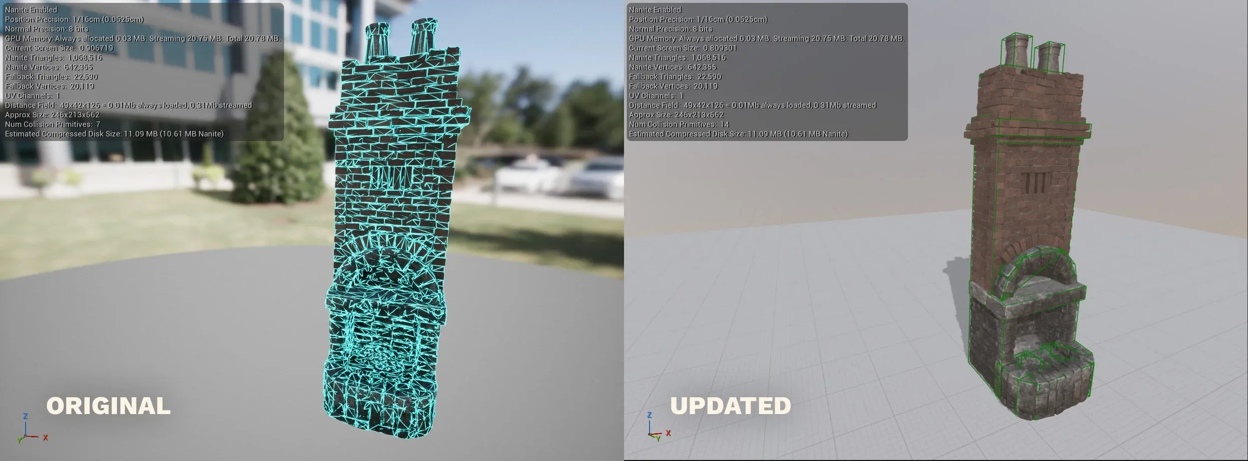 Collision geometry shown in the editor, using simplified shapes in place of full detail.
