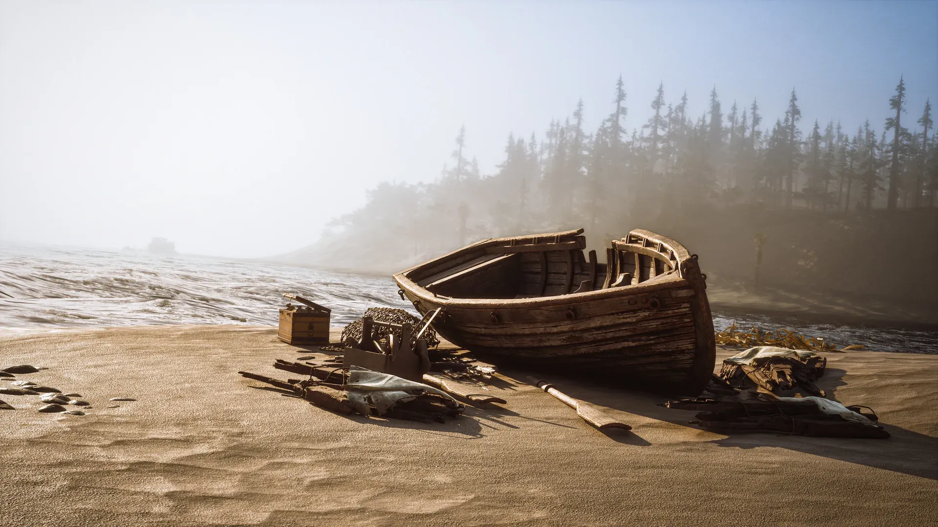 A wrecked rowboat and scattered cargo on a foggy beach, with pines on the headland behind.