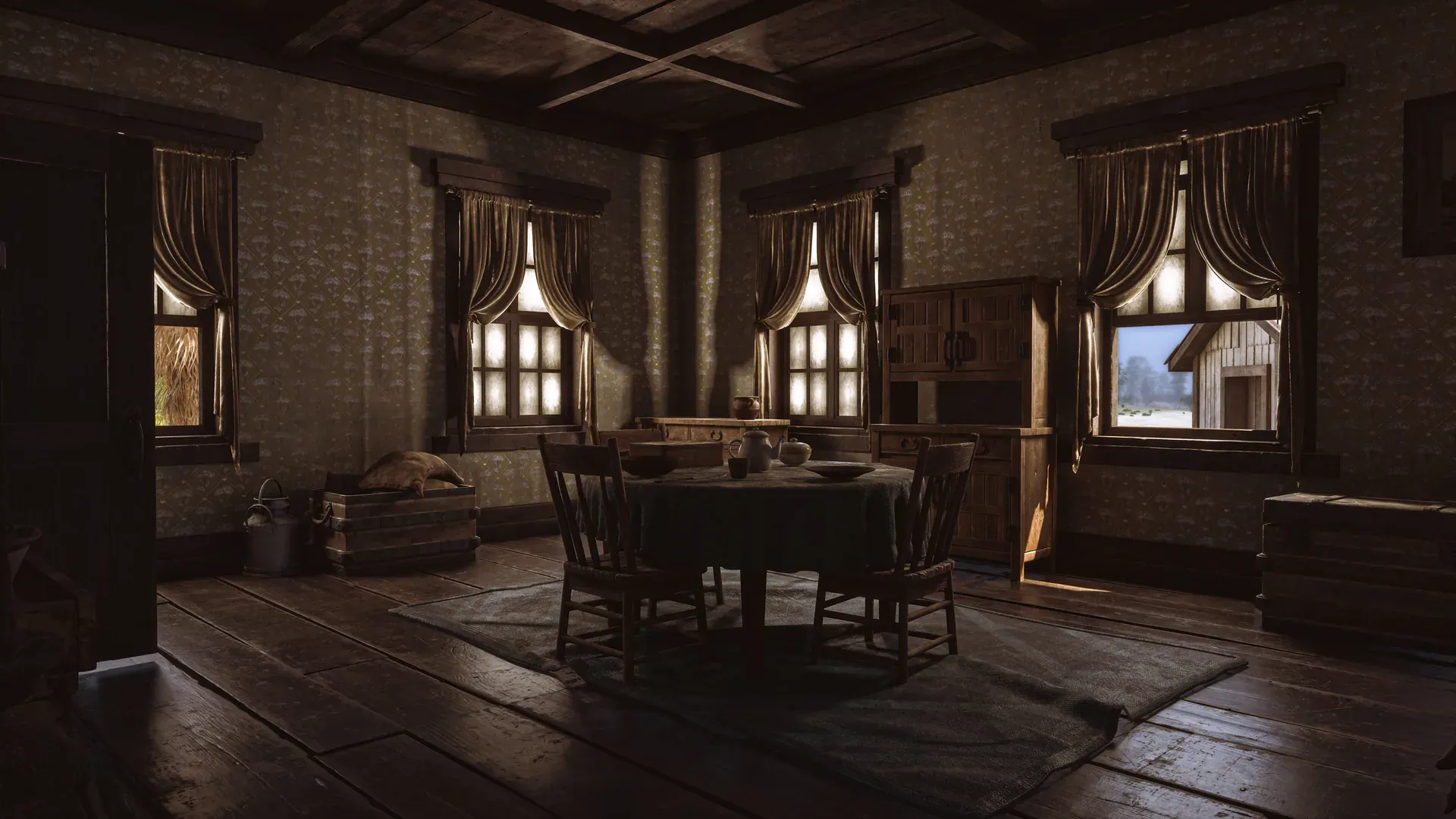 A homestead dining room in warm low sunlight, with a cloth-covered table set for a meal below four curtained windows.